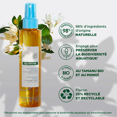 Huile Réparatrice Après-soleil Tamanu Bio & Monoï Klorane 150ml